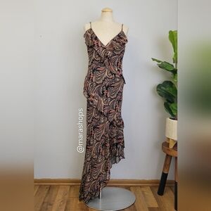 Vintage BEBE Paisley Ruffle Asymmetrical Hem Slip Y2K 00's Dress